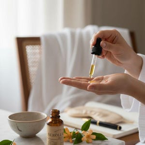 May include: A brown glass bottle labelled "NEROLI G" with a dropper dispenses a golden liquid onto a person's open palm. The bottle sits on a marble surface next to a small bowl and orange flowers. A notebook and pen are in the background.