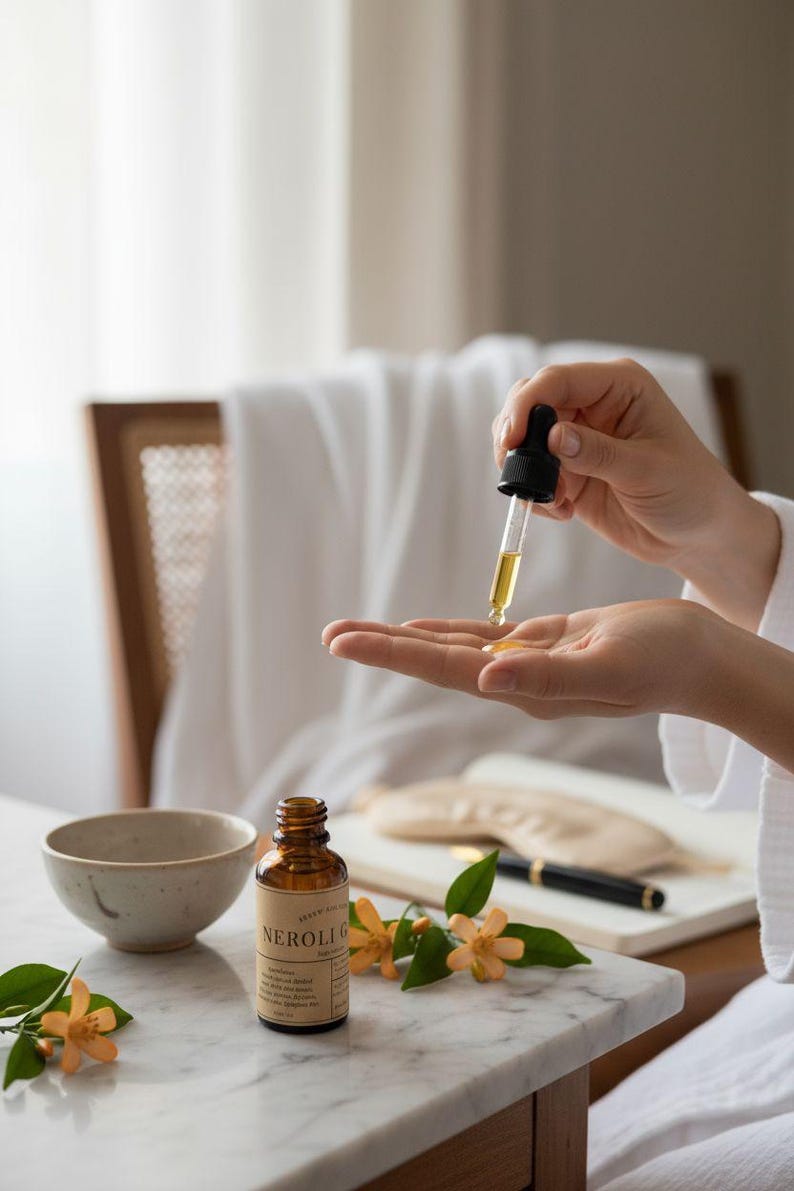 May include: A brown glass bottle labelled "NEROLI G" with a dropper dispenses a golden liquid onto a person's open palm. The bottle sits on a marble surface next to a small bowl and orange flowers. A notebook and pen are in the background.