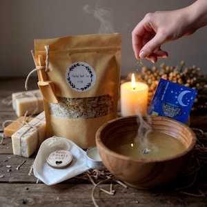 Handmade Spa Gift Set | Vegan Bath Soak, Soap, Lip Balm and Tea | Self-Care & Relaxation Gift Box