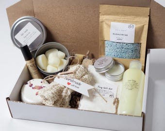 The Little Treat Box, Handmade Natural Self Care Set with Soaps, Bath Soak, Lip Balm, Pamper & Birthday Gift with Personalized Card