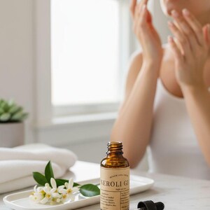 May include: A brown glass bottle of Neroli Glow serum with a dropper, beside a white tray with white flowers and green leaves. The bottle is on a white marble surface. A person is applying the serum.
