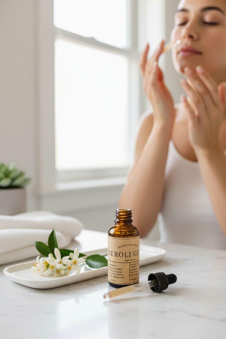 May include: A brown glass bottle of Neroli Glow serum with a dropper, beside a white tray with white flowers and green leaves. The bottle is on a white marble surface. A person is applying the serum.