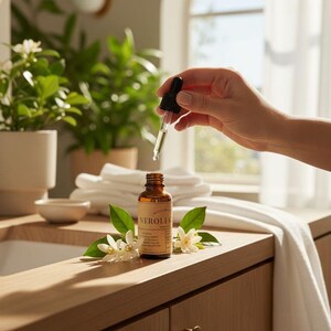 May include: A brown glass bottle of Neroli essential oil with a dropper, held by a hand. The bottle is on a wooden surface, decorated with white flowers and green leaves. The background includes a bathroom setting.