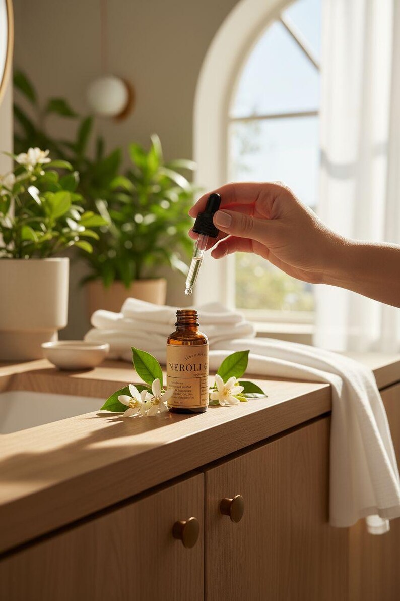 May include: A brown glass bottle of Neroli essential oil with a dropper, held by a hand. The bottle is on a wooden surface, decorated with white flowers and green leaves. The background includes a bathroom setting.