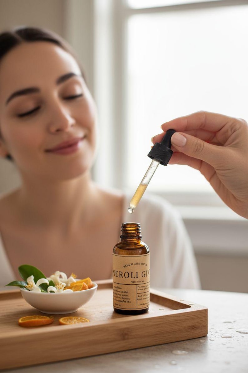 May include: A brown glass bottle of "NEROLI GLOW" serum with a dropper, held above the bottle. A small bowl with orange slices and white flowers sits on a wooden tray. The serum is being applied to a person's face.
