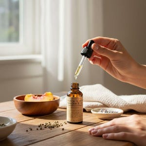 May include: A brown glass bottle with a dropper, labelled "Peach & Hemp Radiance Oil," is held above the bottle. A wooden bowl with peach slices sits nearby. The scene is set on a wooden table with a white towel and small dish.