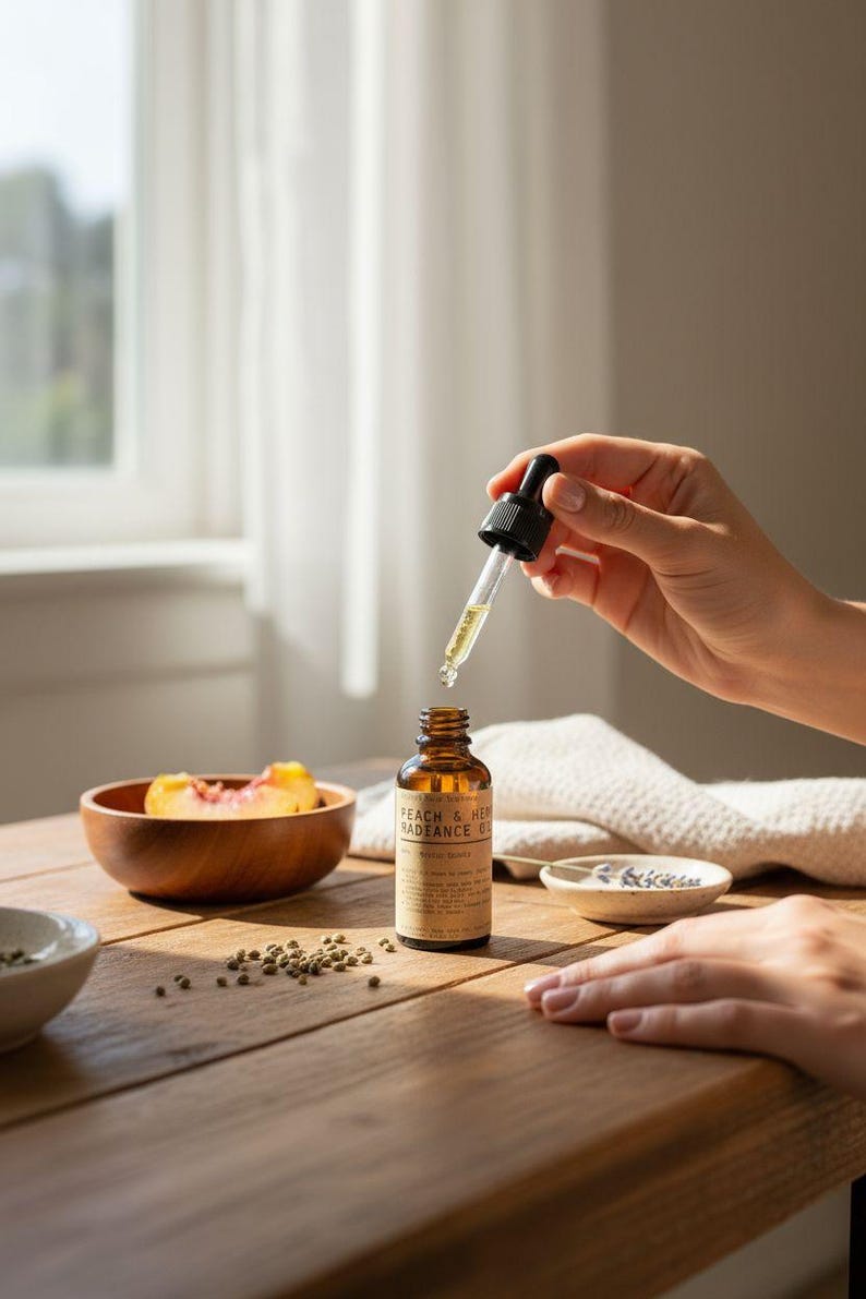 May include: A brown glass bottle with a dropper, labelled "Peach & Hemp Radiance Oil," is held above the bottle. A wooden bowl with peach slices sits nearby. The scene is set on a wooden table with a white towel and small dish.