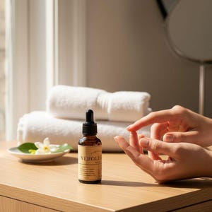 May include: A brown glass bottle of Neroli essential oil with a dropper, on a wooden surface. A small white plate with a flower and leaf is nearby. White towels are in the background. The bottle has a label.