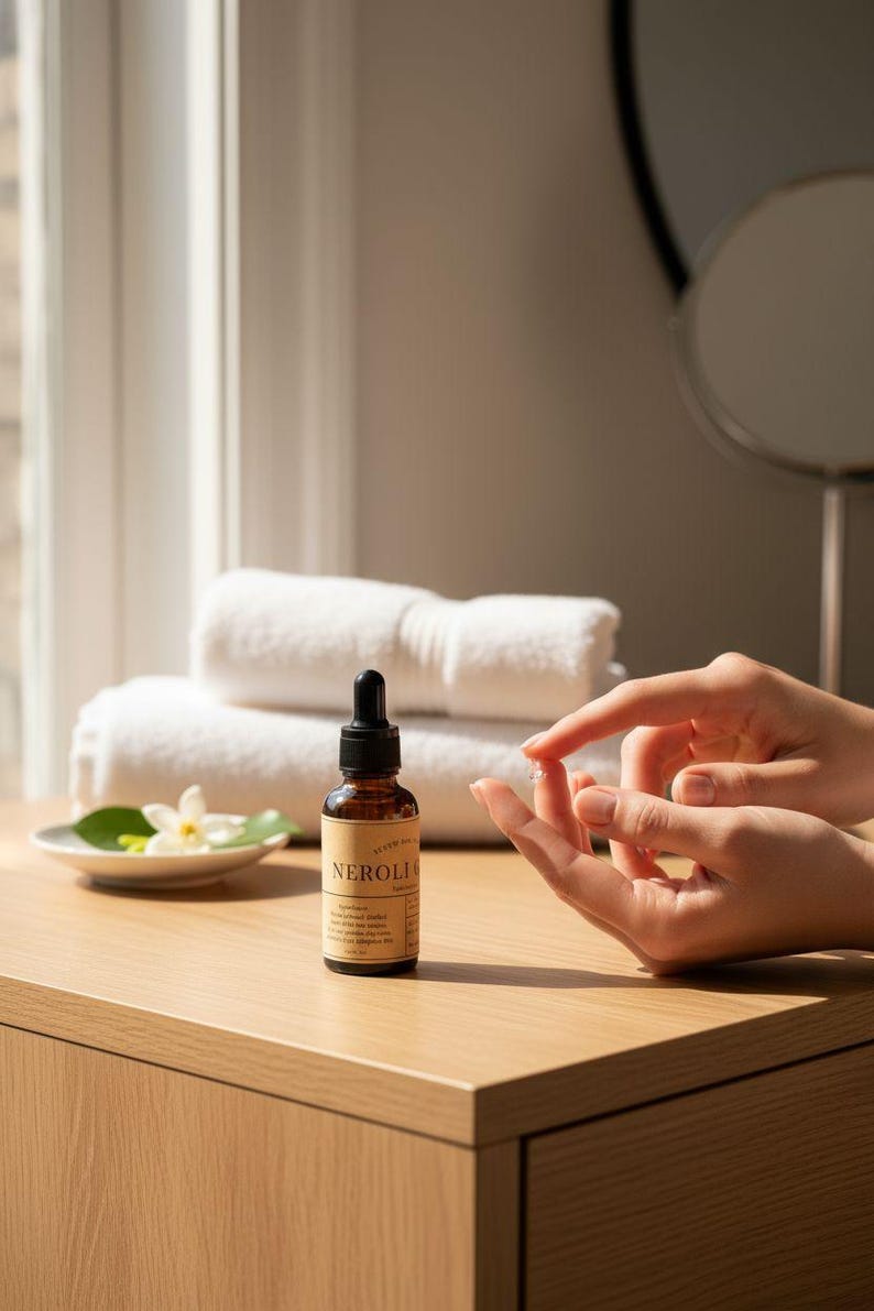 May include: A brown glass bottle of Neroli essential oil with a dropper, on a wooden surface. A small white plate with a flower and leaf is nearby. White towels are in the background. The bottle has a label.