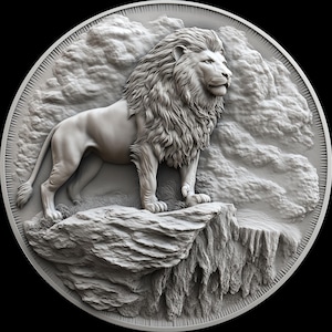 Lion on Cliff coin 3d embossing files, fiber laser engraving designs, coin engraving depth map laser cut file design. depth map