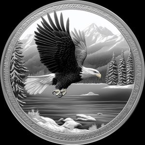 Eagle overlooking a lake coin 3d embossing files, fiber laser engraving designs, coin engraving depth map laser cut file design. depth map