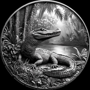 Kaiman im Regenwald Münze 3D Prägedatei, Faserlaser Gravur Designs, Münzgravur tiefen Karte Laserschnitt Datei Design. tiefen Karte
