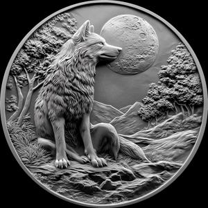 Archivos de relieve 3D de monedas de lobo mirando a la luna, diseños de grabado láser de fibra, diseño de archivo de corte láser de mapa de profundidad de grabado de monedas. Mapa de profundidad
