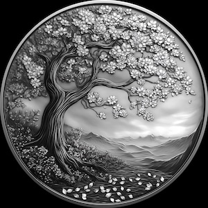 Cherry tree coin 3d embossing files, fiber laser engraving designs , coin engraving depth map laser cut file design. depth map
