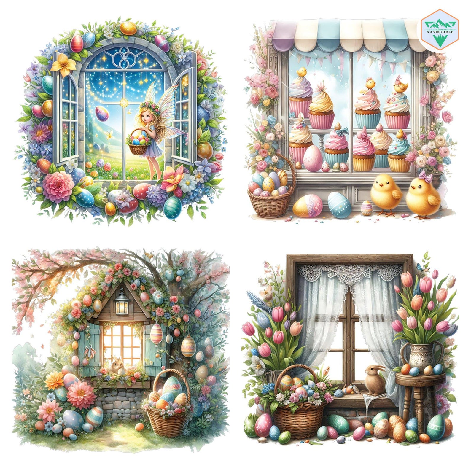 20+ Watercolor Easter Windows Clipart PNG Bundle, Floral Easter Windows ...