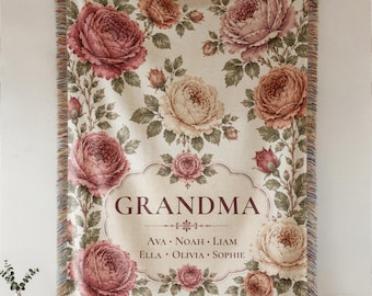 Personalized Grandma Blanket with Grandkids Names, Floral Woven Throw, Grandma Gift, Mother's Day Present
