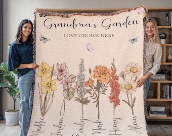 Christmas Gift Grandma's Garden Birth Month Flower Personalized Family Throw, Mother's Day Gift For Nana Mom, Custom Gifts from Grandkids