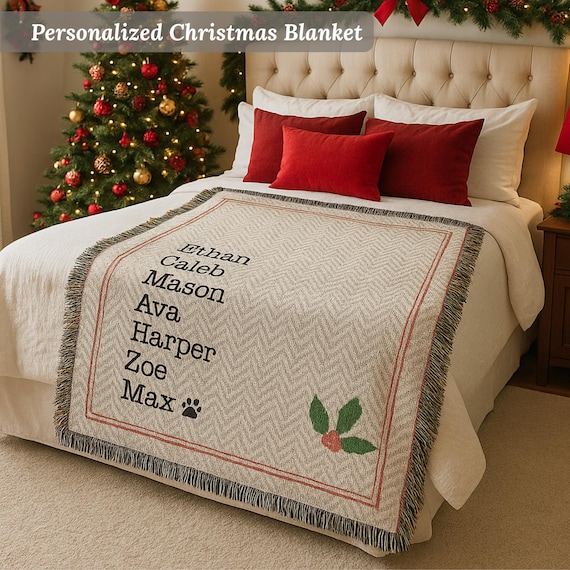 Personalized Christmas Family Blanket, Custom Name Woven Cotton Throw, Holiday Gift for Mom, Dad, Nana, Grandparents, Cozy Home Décor