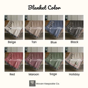 May include: A selection of personalized woven blankets in various colors, including beige, tan, blue, black, red, maroon, sage, and holiday. Each blanket features a name and paw print design.