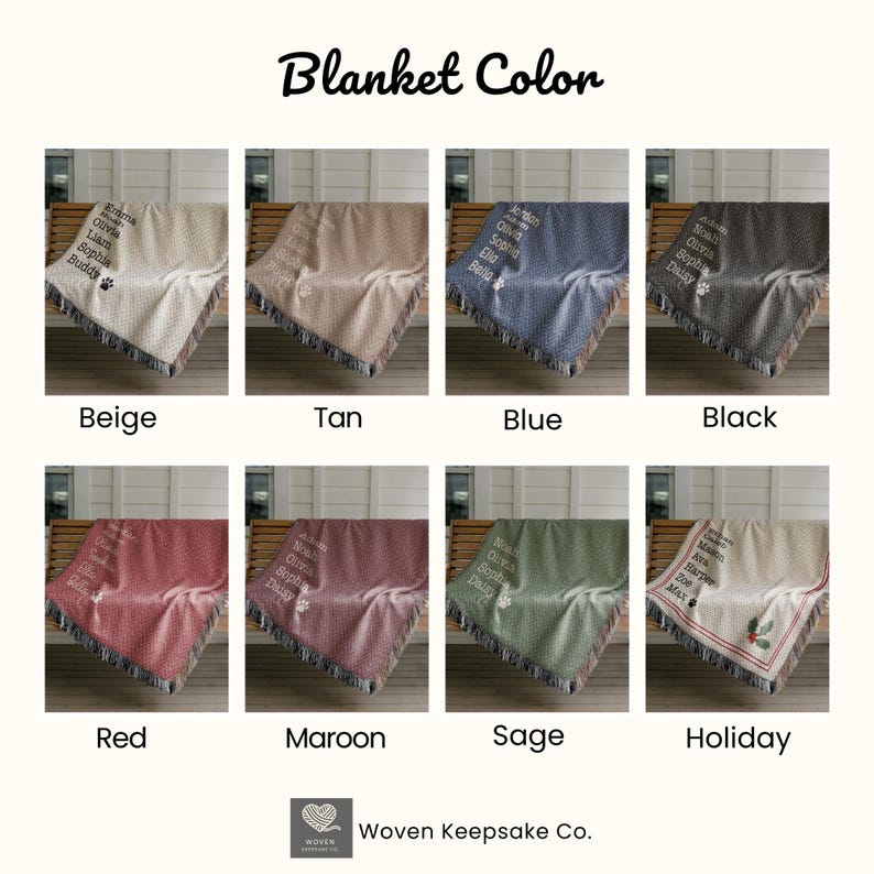 May include: A selection of personalized woven blankets in various colors, including beige, tan, blue, black, red, maroon, sage, and holiday. Each blanket features a name and paw print design.