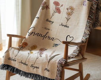 Custom Grandma Garden Blanket, Personalized Birth Flower Blanket With Grandkids Names, Granny Mother's Day, Christmas Gift, Special Keepsake