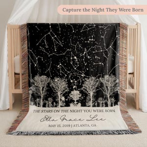 May include: Black and white woven blanket with a celestial design. The blanket features a starry night sky pattern with constellations and a row of trees. Text reads "Capture the Night They Were Born" and personalized details.