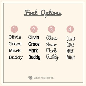May include: A graphic displaying font options for personalized items. The text "Font Options" is at the top. Four font styles are shown with the names Olivia, Grace, Mark, and Buddy in each style. The Woven Keepsake Co. logo is at the bottom.