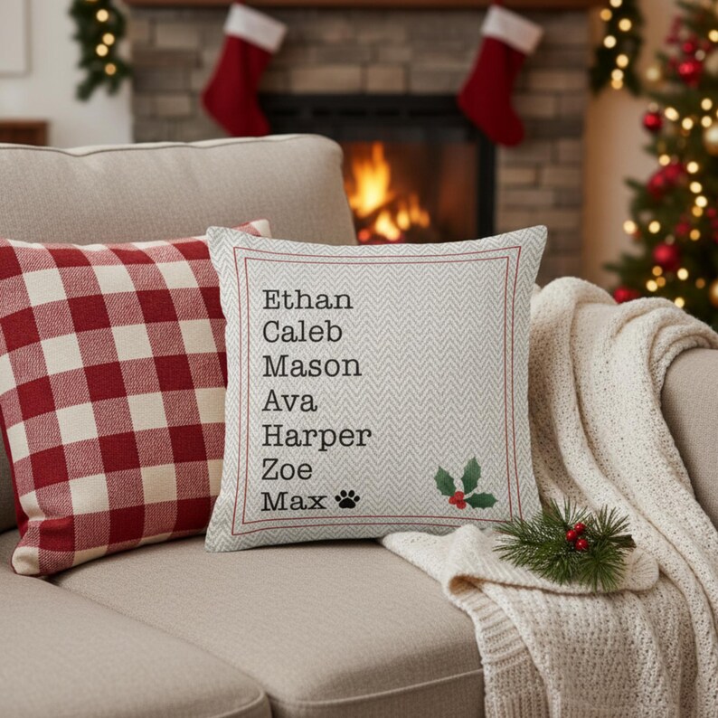 May include: Two decorative throw pillows on a beige sofa. One pillow has a red and white checkered pattern. The other pillow is light gray with a herringbone design and the names Ethan, Caleb, Mason, Ava, Harper, Zoe, and Max.