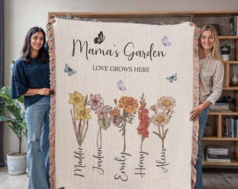 Personalized Nana Garden Blanket, Custom Birth Flower Blanket with Kids’ Names, Woven Gift for Mom or Grandma, Mother's Day Floral Throw