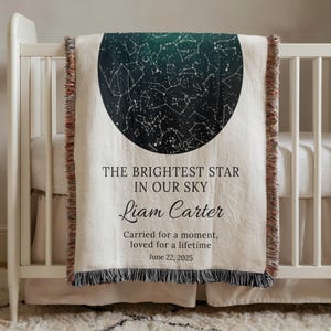 May include: Cream-colored woven blanket with a celestial design and fringed edges. The blanket features a dark blue and green circular graphic of constellations. Text includes "THE BRIGHTEST STAR IN OUR SKY" and a name and date.