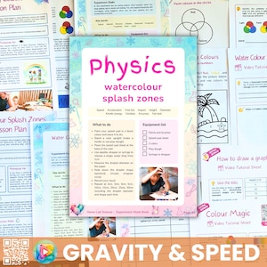 May include: A colorful worksheet for a science experiment about gravity and speed. The worksheet includes instructions for painting a splash pad, measuring the diameter of water droplets, and recording the results. The worksheet also includes a diagram of a ruler, a splash pad, and a dropper. The title of the worksheet is "Physics Watercolor Splash Zones".