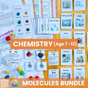 May include: A colourful set of educational cards for teaching chemistry to children aged 7-12. The cards feature colourful illustrations and text about atoms, molecules, and states of matter. The cards are part of a larger "Molecules Bundle" and include a QR code for additional resources.