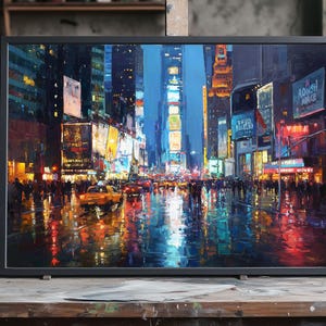 New York Times Square Night Cityscape Oil Painting, Vibrant Lights Rainy Street Scene, Colorful Urban Skyline, Modern City Wall Art, Oil Art