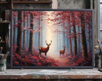 Mystical Forest Deer Painting, Fine Art Enchanted Woodland Scene, Majestic Stag in Magic Forest, Ethereal Nature Calm, Hand-Painted Oil Art