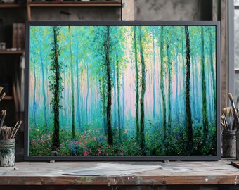 Spring Rain Forest Landscape Painting, Fine Art Green Woodland Scene, Misty Rain Atmosphere, Healing Nature Calm, Oil Painting Artwork Decor