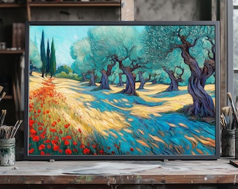 Pintura a óleo feita à mão, tela de oliveiras selvagens, arte paisagística mediterrânea, decoração de parede rústica de olival, arte de pintura provençal da natureza