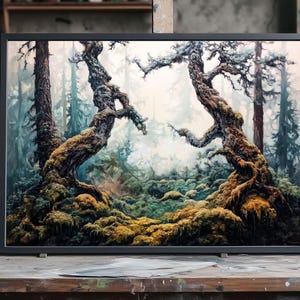 Dipinto ad olio su tela raffigurante un&#39;antica foresta, paesaggio boschivo nebbioso, decorazione naturale dipinta a mano, opera d&#39;arte murale raffigurante un tronco d&#39;albero malinconico per la casa.