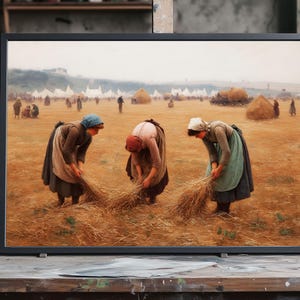 Gleaning Wheat Field Oil Painting, Hand‑Painted Harvest Landscape Canvas, Rustic Country Wall Art, Peasant Women Vintage Decor Gift Artwork
