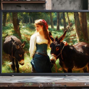 Handmade Oil Painting, Young Woman with Two Donkeys Canvas, Rustic Farm Animal Art, Pastoral Scene Wall Decor, Nature Country Painting Art