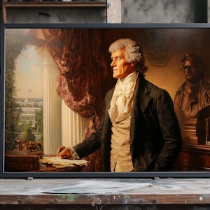 President Thomas Jefferson Portrait, Handmade Oil Painting on Canvas, Hand‑Painted 3rd US President Art for Historical Americana Decor