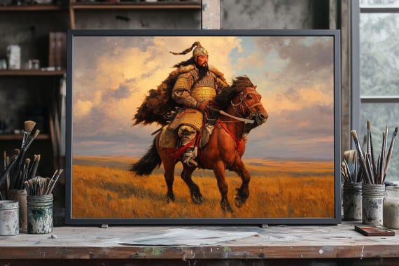 Genghis Khan Oil Painting On Horse, Hand‑Painted Mongolian Warrior Canvas, Nomad Leader Equestrian Wall Art, Historic Battle Decor Gift Art
