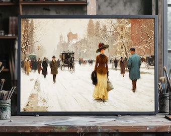 New York Street 19th Century Oil Painting, Vintage Cityscape Art, Hand Painted Canvas Historical Urban Scene Wall Decor, Handmade Oil Canvas