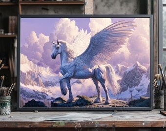 Majestatyczny biały pegaz w krajobrazie fantasy, mityczny koń ze skrzydłami, eteryczne piękno niebios, spokojna scena mitologiczna, magiczna sztuka