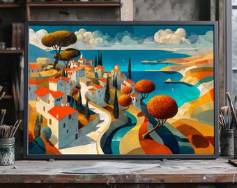 Charming Mediterranean Coastal Village Landscape, Fine Art Italian Seaside Painting, Colorful Coastal Village View, Serene Seaside Scenery