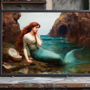 Mythological Mermaid Oil Painting, Siren By The Sea Art, Hand Painted Canvas Fantasy Decor, Handmade Oil Canvas Wall Art, Mermaid Oil Art