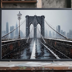 Dipinto a olio su tela raffigurante il ponte di Brooklyn, nevicata invernale, dipinto a mano, paesaggio urbano di New York con impasto, decorazione per casa e ufficio, regalo di inaugurazione della casa.
