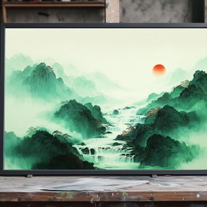 Chinese Waterfall Painting with Rising Sun, Asian Landscape Wall Art, Misty Mountains Nature Scene, Tranquil Oriental Home Decor, Oil Art