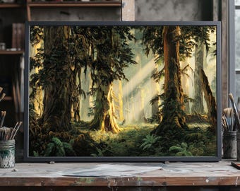 Ancient Rainforest Oil Painting, Serene Jungle Fine Art, Sunlit Canopy Nature Wall Decor, Lush Tropical Landscape Scene, Botanical Forest