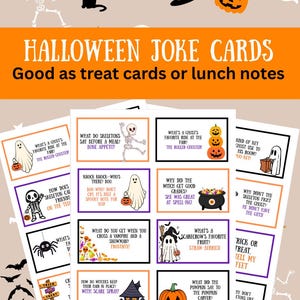 Halloween Tags for Kids | Printable Halloween Lunch Box Notes | Candy Box Template | 30 Funny Halloween Joke Cards for Trick-or-Treat