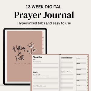 Peut inclure: Un journal de prière numérique avec une couverture et des pages intérieures rose clair. La couverture présente le texte "Walking in Faith" et des illustrations florales. Le journal est conçu pour 13 semaines et comprend des sections pour les objectifs et les intentions.